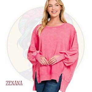5C ZENANA Soft Oversized French Terry Sweatshirt Fuchsia Pink